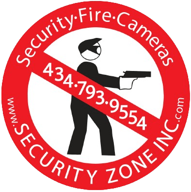 Circular Security Zone logo with a crossed-out figure holding a gun and the company name and phone number.